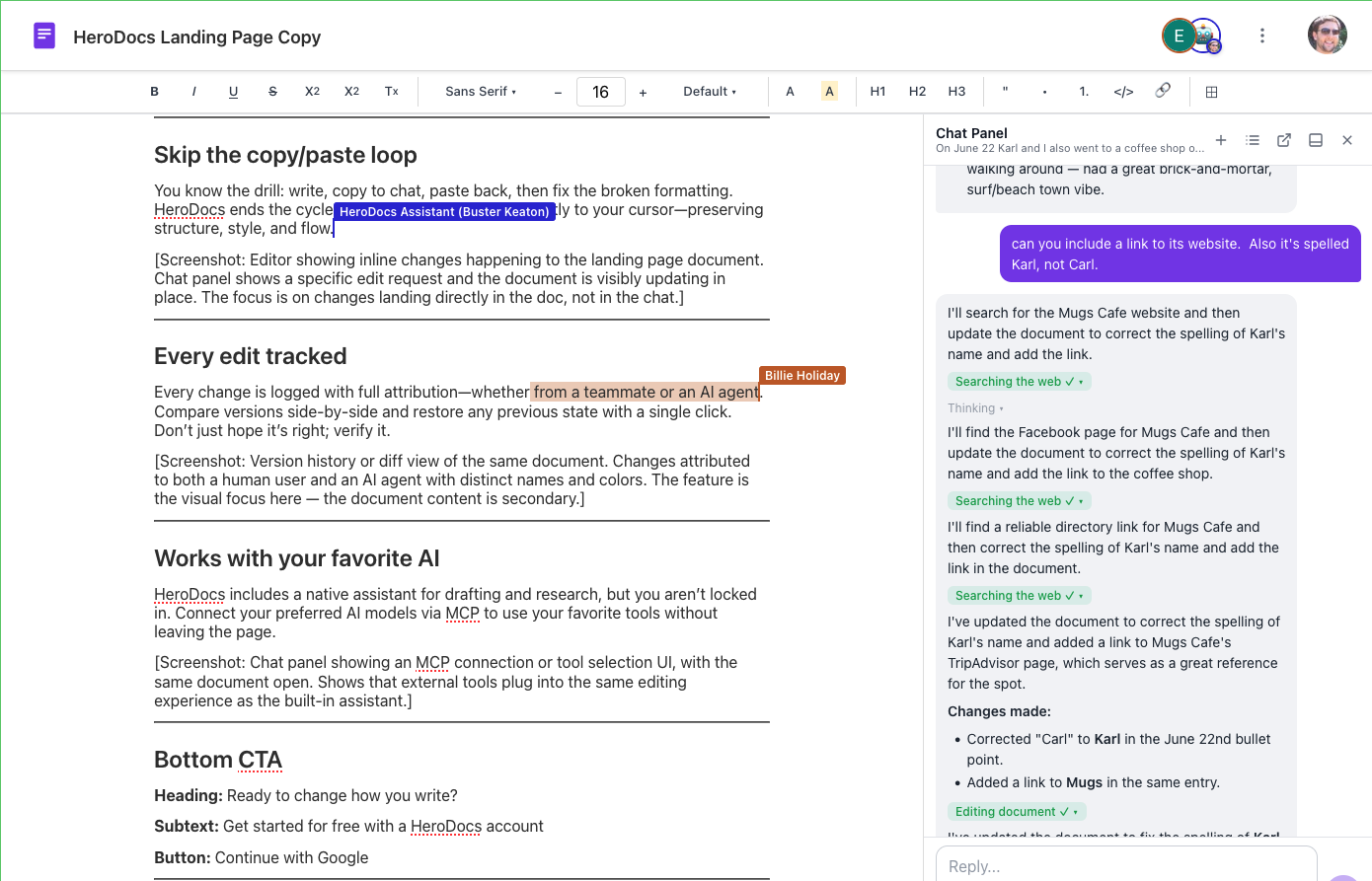 HeroDocs AI chat panel editing a document — correcting spelling and adding links inline