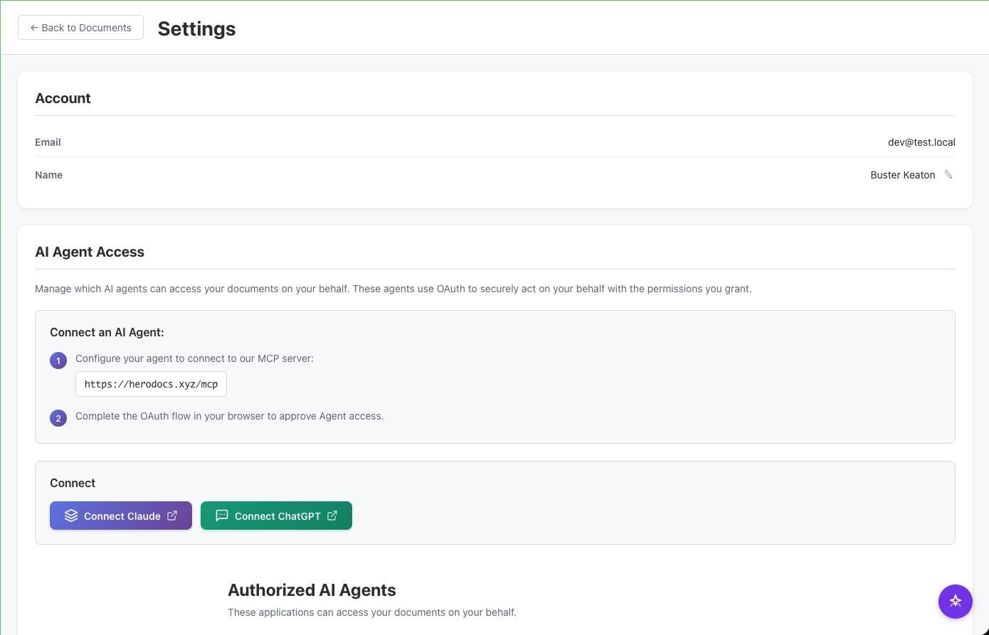 Settings page showing AI agent access with MCP connection and Connect Claude button