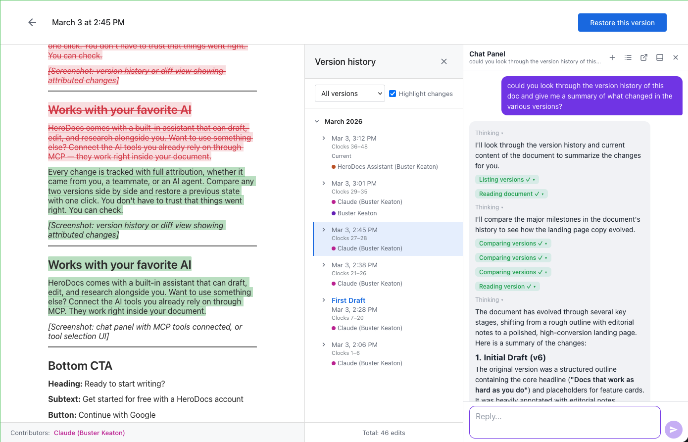 Version history with highlighted changes and full attribution from humans and AI agents